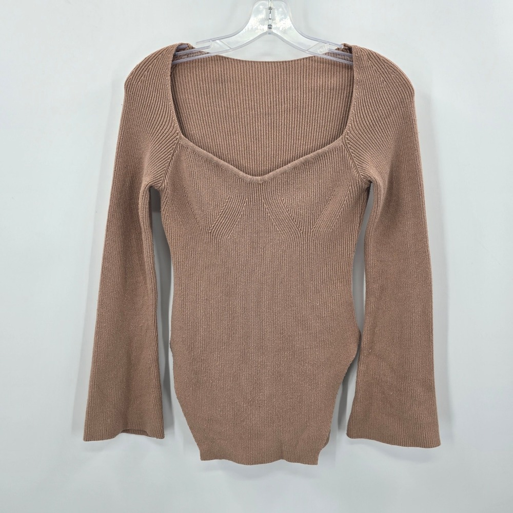 SHEIN Women Tan Ribbed Sweetheart Neck Bell Sleeve Side‎ Slit Knit Sweater Small